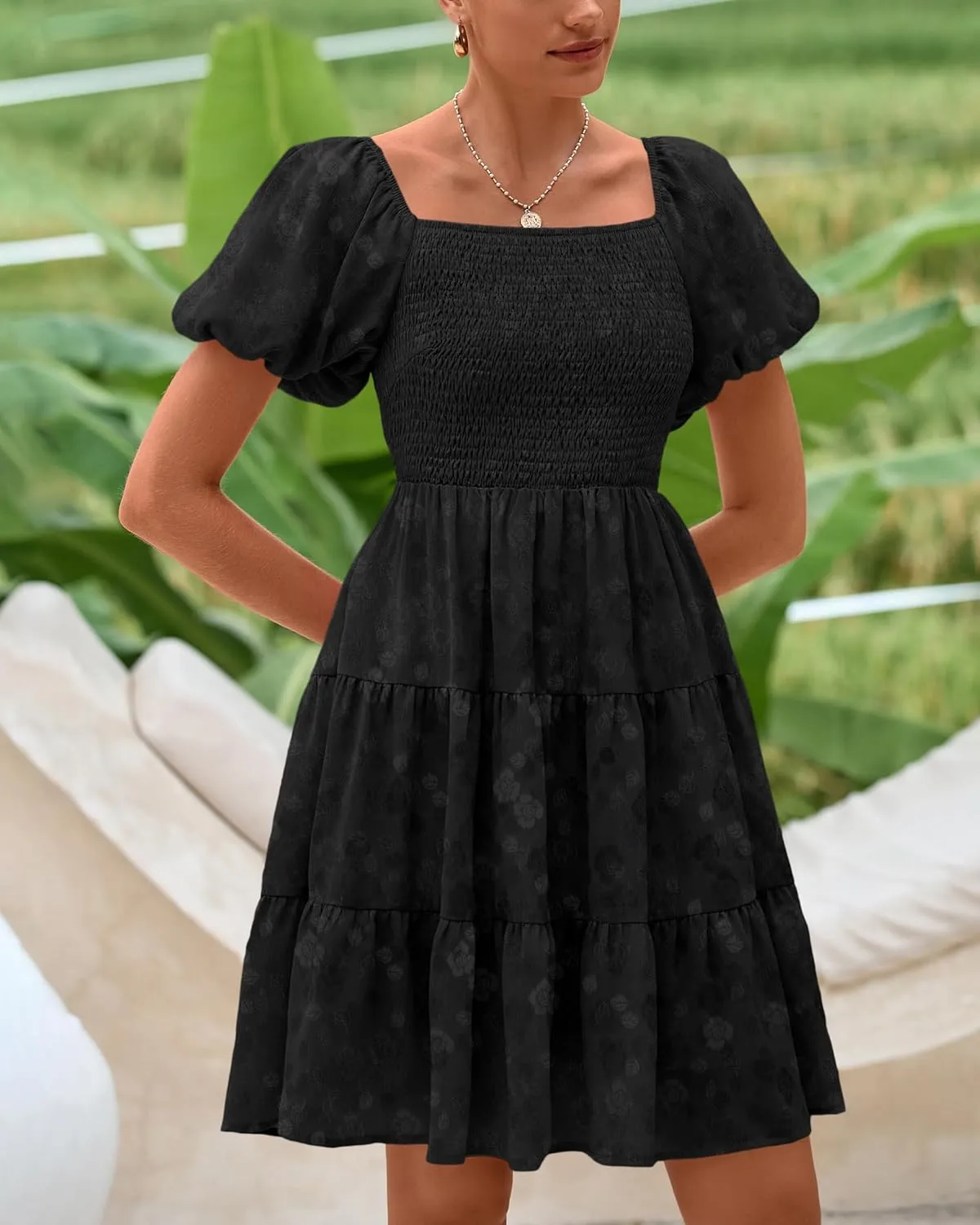 dowerme Womens Summer Dresses 2025 Puff Short Sleeve Square Neck Smocked Floral Wedding Guest Mini Dress with Pockets