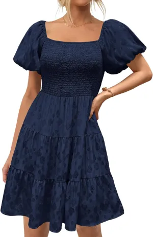 dowerme Womens Summer Dresses 2025 Puff Short Sleeve Square Neck Smocked Floral Wedding Guest Mini Dress with Pockets