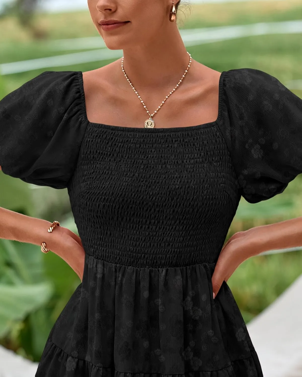 dowerme Womens Summer Dresses 2025 Puff Short Sleeve Square Neck Smocked Floral Wedding Guest Mini Dress with Pockets