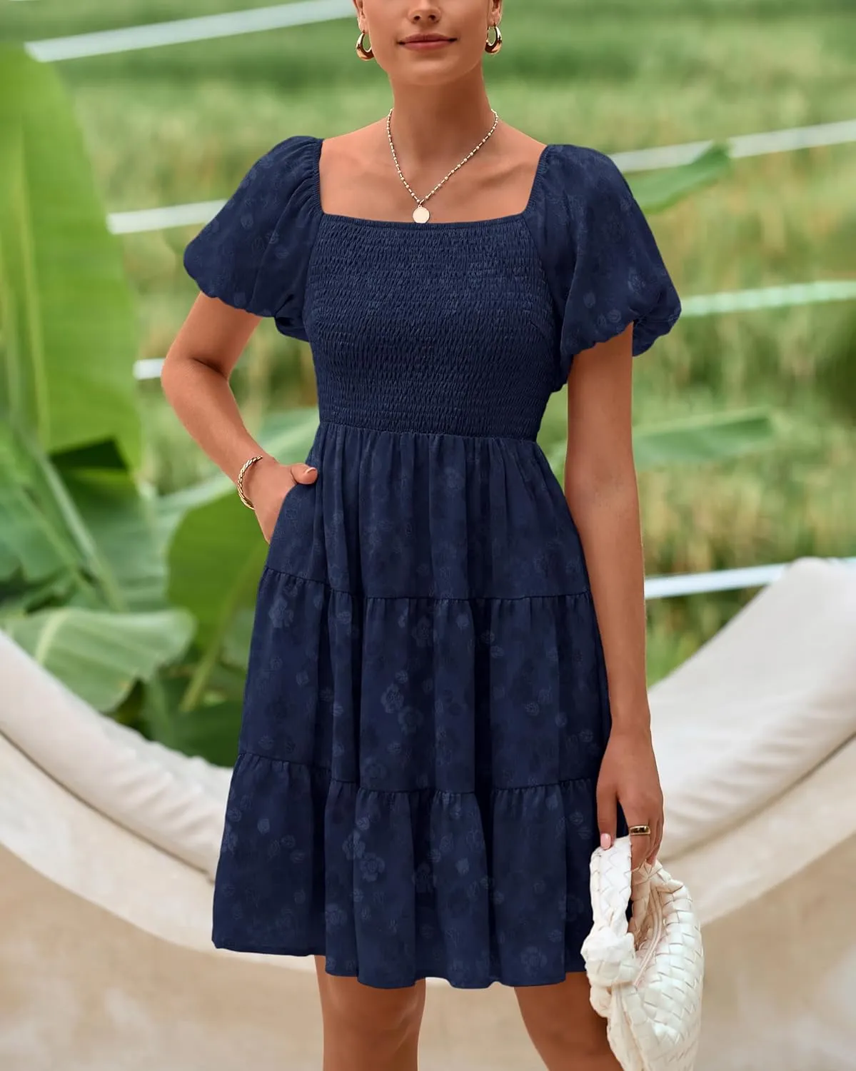 dowerme Womens Summer Dresses 2025 Puff Short Sleeve Square Neck Smocked Floral Wedding Guest Mini Dress with Pockets