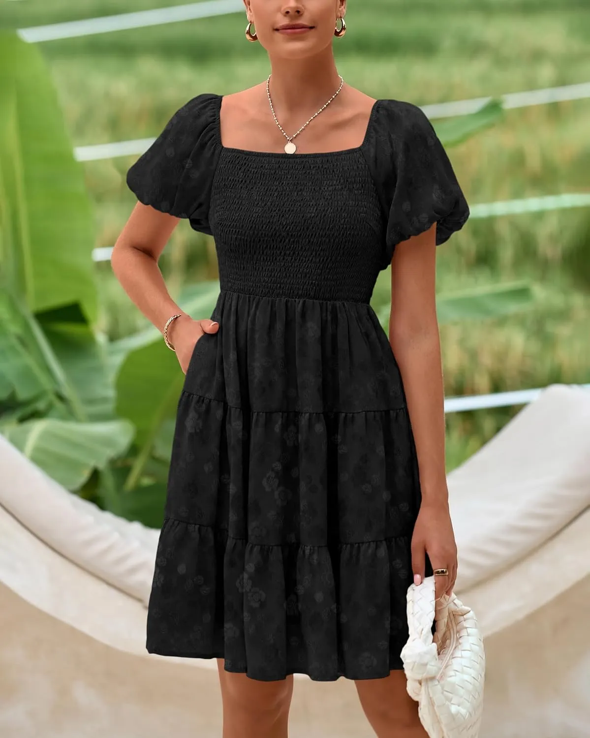 dowerme Womens Summer Dresses 2025 Puff Short Sleeve Square Neck Smocked Floral Wedding Guest Mini Dress with Pockets