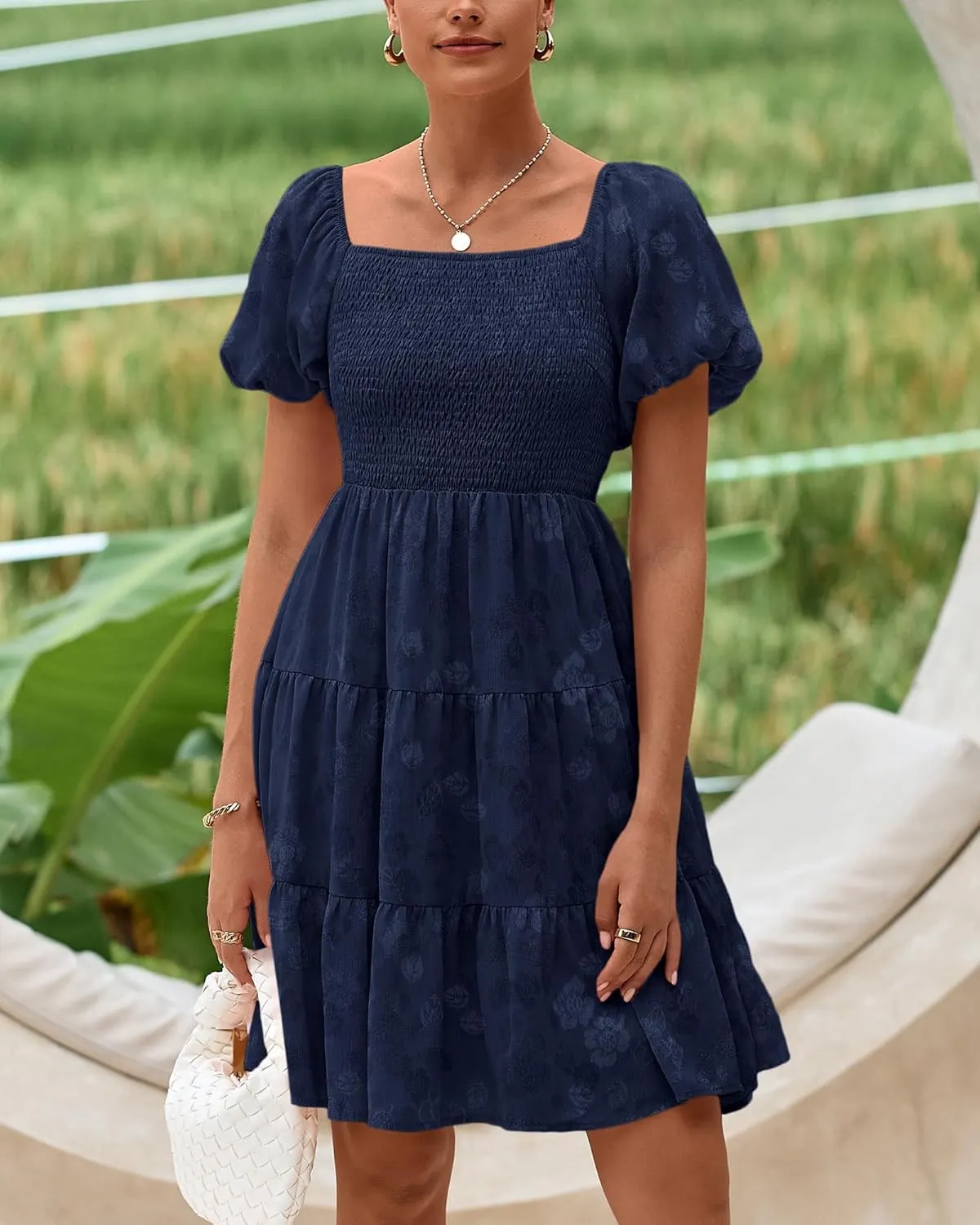 dowerme Womens Summer Dresses 2025 Puff Short Sleeve Square Neck Smocked Floral Wedding Guest Mini Dress with Pockets