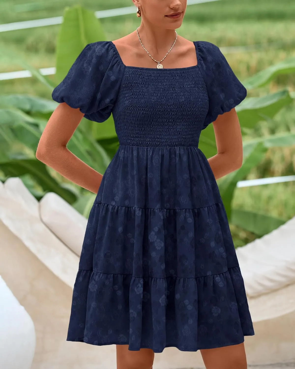 dowerme Womens Summer Dresses 2025 Puff Short Sleeve Square Neck Smocked Floral Wedding Guest Mini Dress with Pockets
