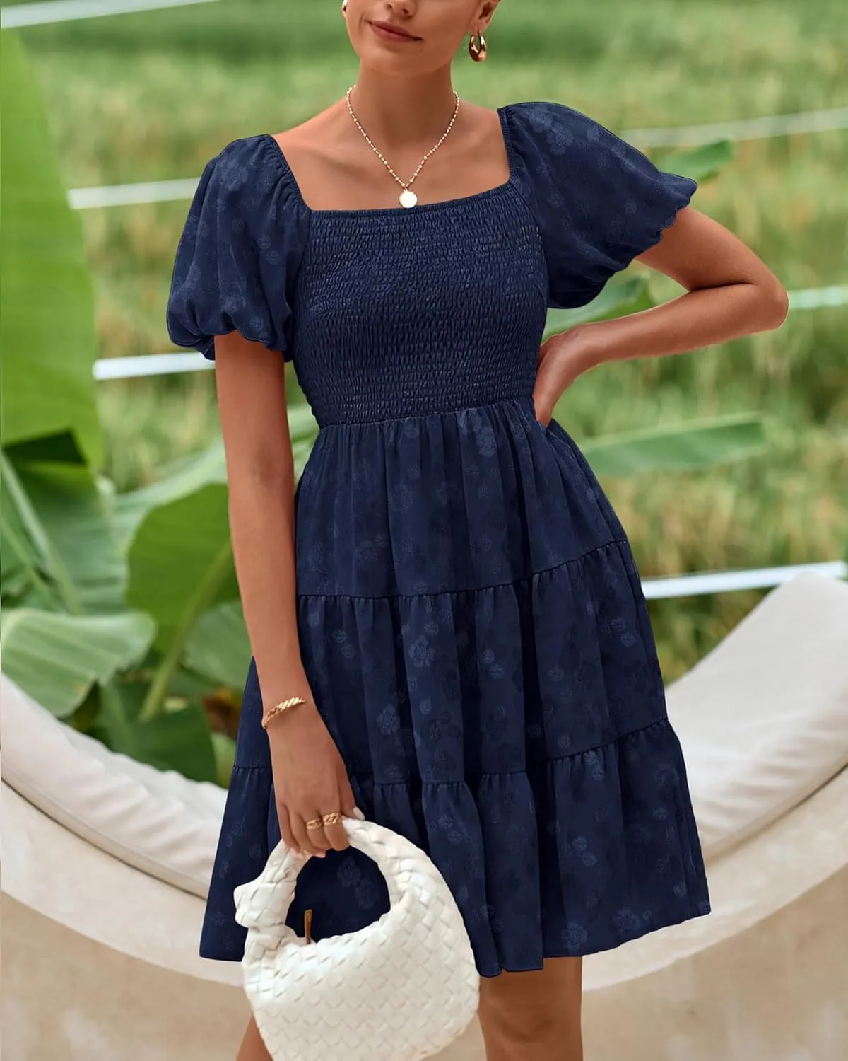 dowerme Womens Summer Dresses 2025 Puff Short Sleeve Square Neck Smocked Floral Wedding Guest Mini Dress with Pockets