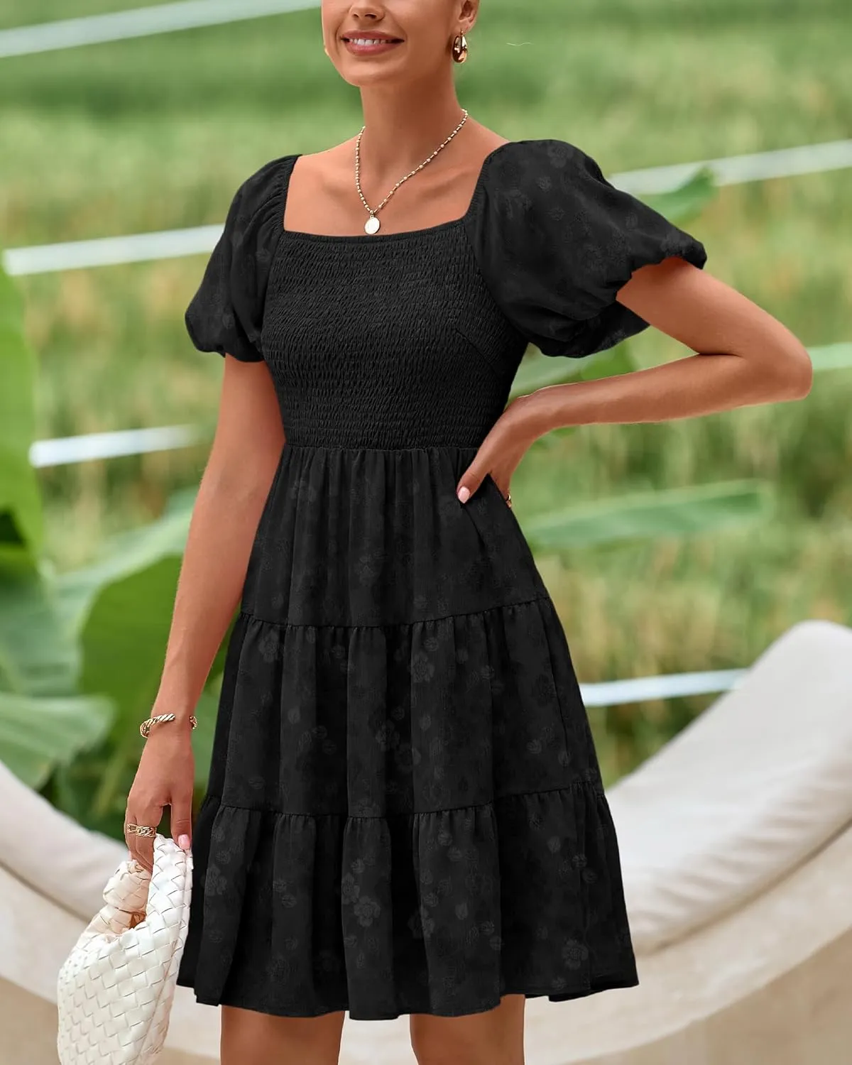dowerme Womens Summer Dresses 2025 Puff Short Sleeve Square Neck Smocked Floral Wedding Guest Mini Dress with Pockets