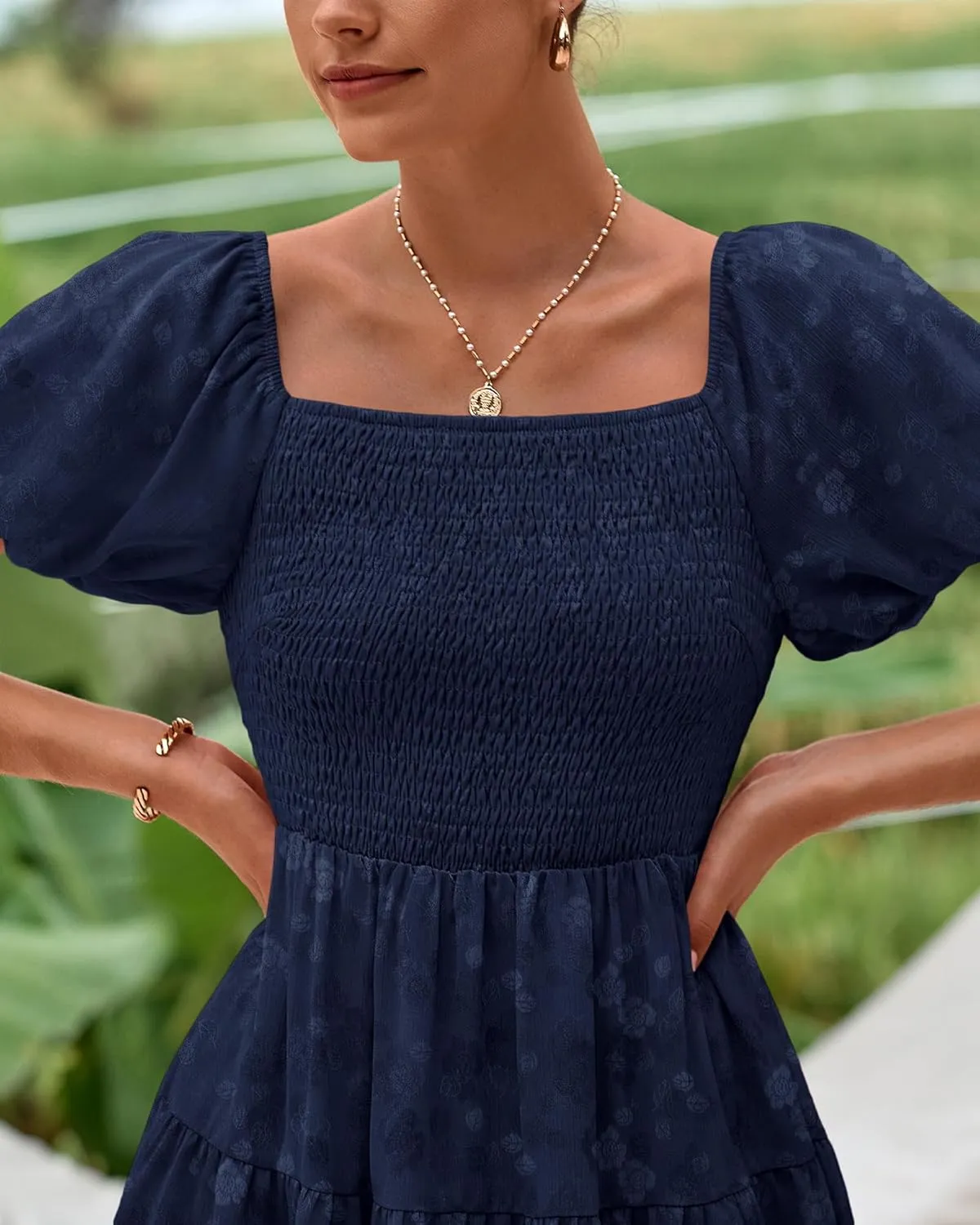dowerme Womens Summer Dresses 2025 Puff Short Sleeve Square Neck Smocked Floral Wedding Guest Mini Dress with Pockets