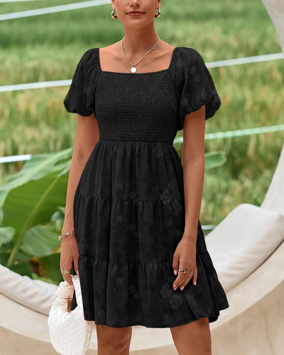 dowerme Womens Summer Dresses 2025 Puff Short Sleeve Square Neck Smocked Floral Wedding Guest Mini Dress with Pockets