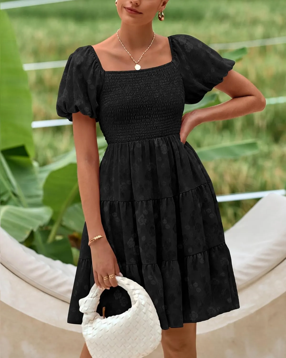 dowerme Womens Summer Dresses 2025 Puff Short Sleeve Square Neck Smocked Floral Wedding Guest Mini Dress with Pockets