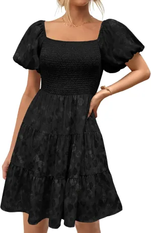 dowerme Womens Summer Dresses 2025 Puff Short Sleeve Square Neck Smocked Floral Wedding Guest Mini Dress with Pockets