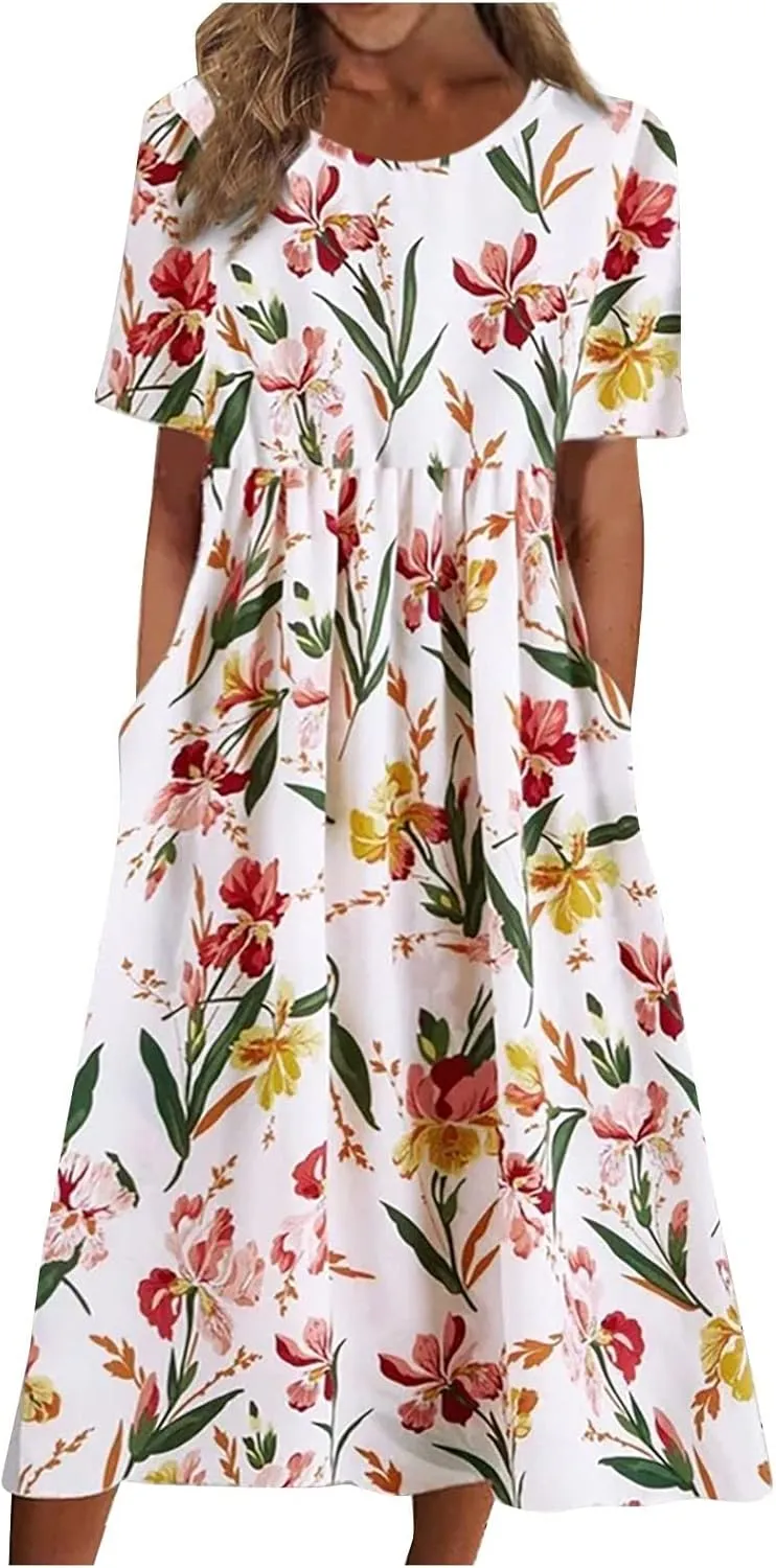Dresses for Women 2025 Casual Summer Trendy Floral Dress Maxi Classy Sundresses Vacation Short Sleeve Sundress A Line