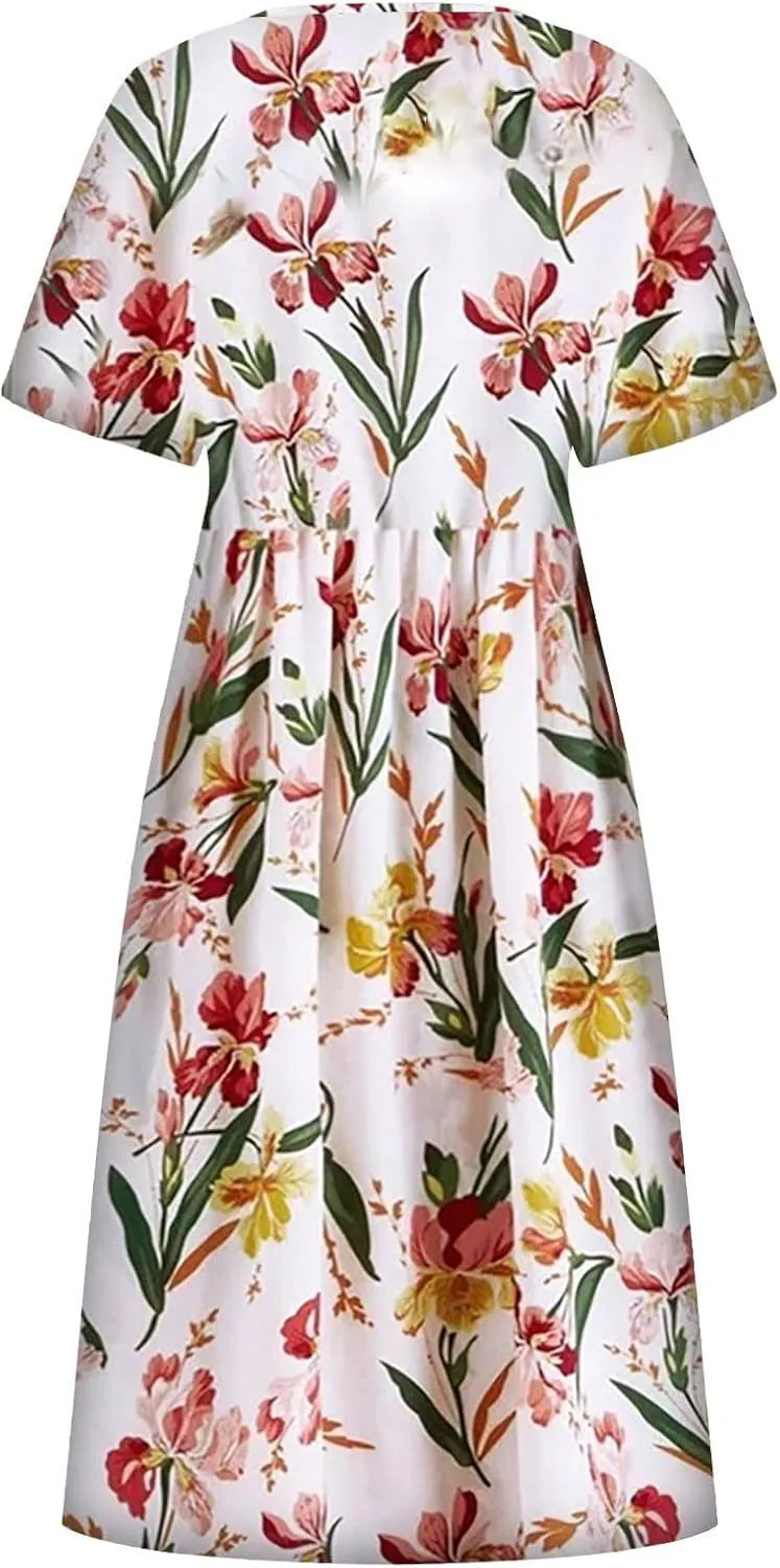 Dresses for Women 2025 Casual Summer Trendy Floral Dress Maxi Classy Sundresses Vacation Short Sleeve Sundress A Line