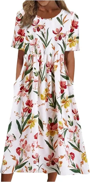Dresses for Women 2025 Casual Summer Trendy Floral Dress Maxi Classy Sundresses Vacation Short Sleeve Sundress A Line