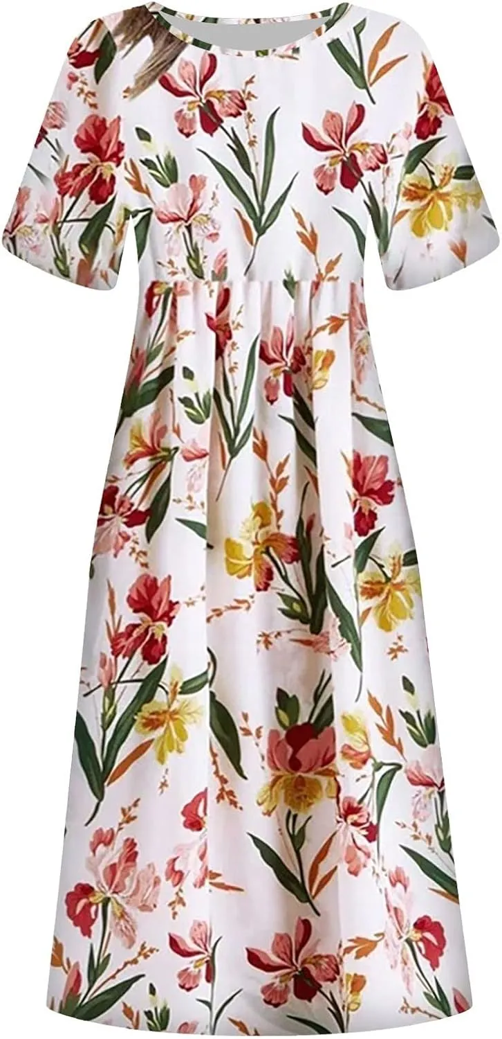 Dresses for Women 2025 Casual Summer Trendy Floral Dress Maxi Classy Sundresses Vacation Short Sleeve Sundress A Line