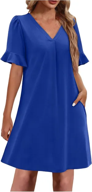 Dresses for Women Elegant Dressy Casual Summer Ruffle Short Sleeve Mini Dress V Neck Sexy A-Line Beach Travel Outfits