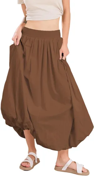 ebossy Women's Smocked High Waist Pleated Solid Color A-Line Flowy Bud Lantern Long Skirt