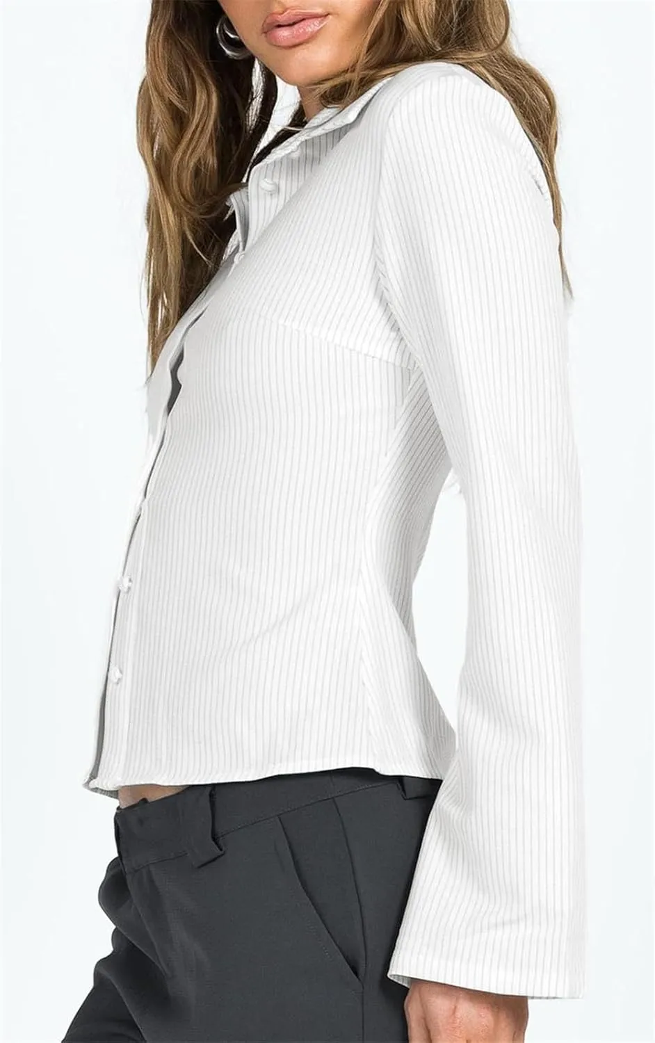 ECHOINE Women Button Down Shirts Long Sleeves Slim Fitted Casual Collared Blouses Work Striped Tops