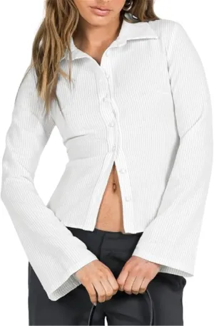 ECHOINE Women Button Down Shirts Long Sleeves Slim Fitted Casual Collared Blouses Work Striped Tops