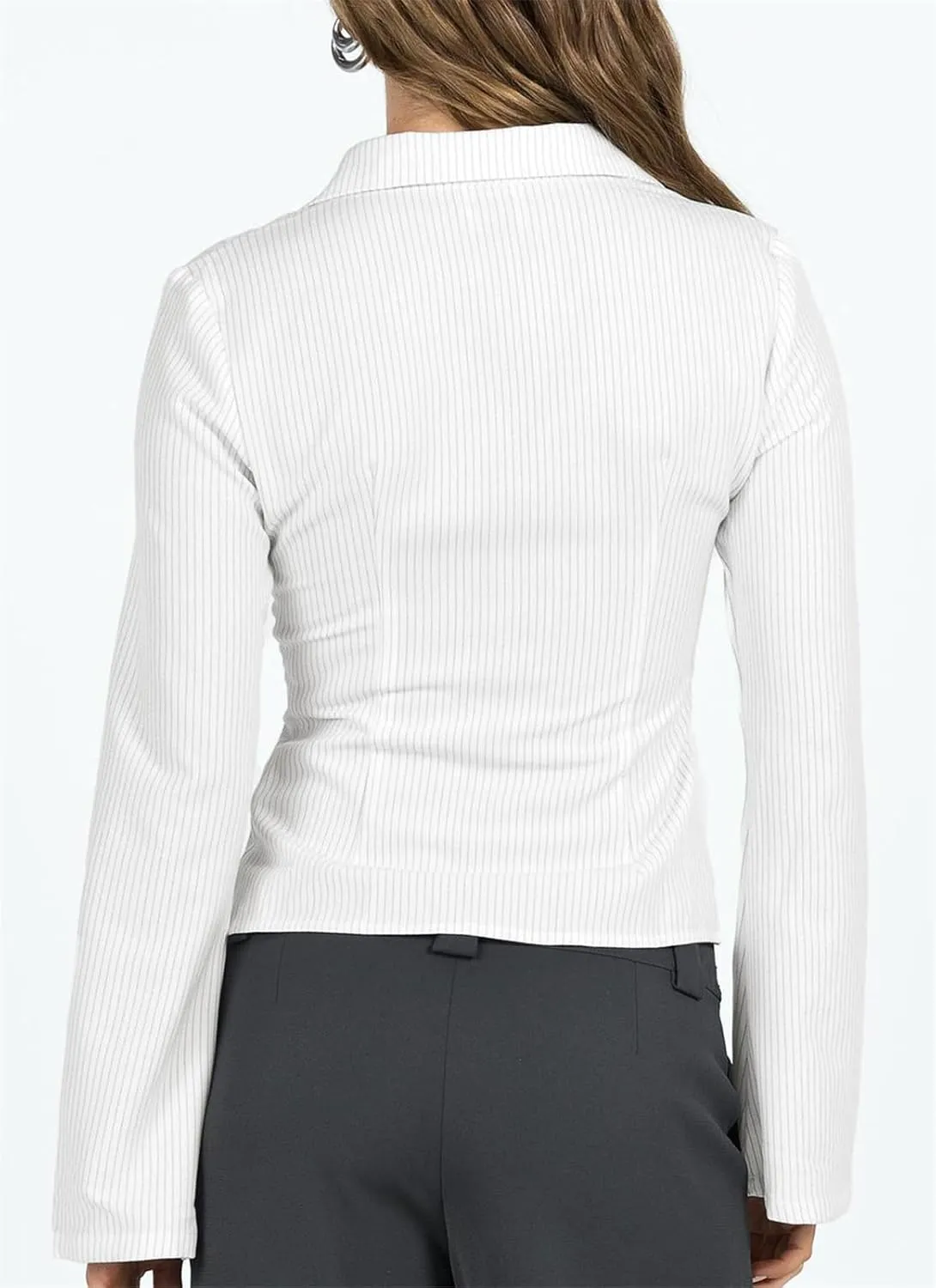 ECHOINE Women Button Down Shirts Long Sleeves Slim Fitted Casual Collared Blouses Work Striped Tops