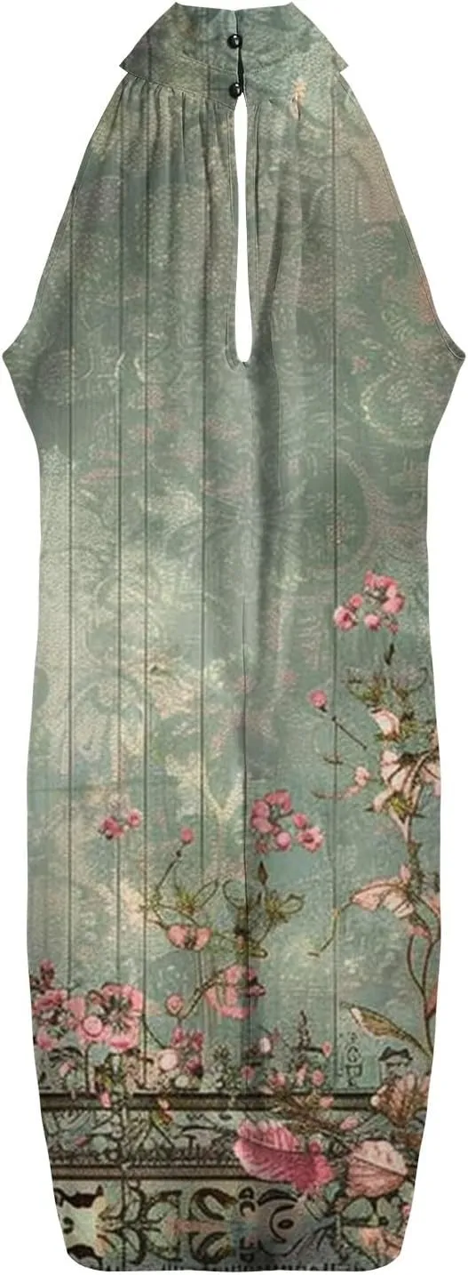 Eduavar Mini Dresses for Women Summer Sun Dresses for Women 2025 Vacation Floral Printed Hater Neck Sleeveless Ruffle Dress