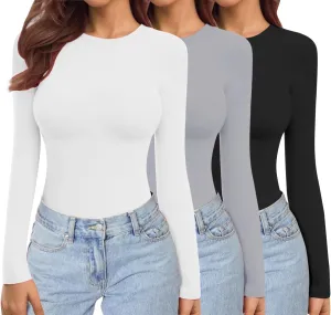 Ekouaer Womens 3 Pack Long Sleeve Shirts Crew Neck Stretch Fitted Underscrubs Trendy Basic Tops Lightweight Thermal Tee