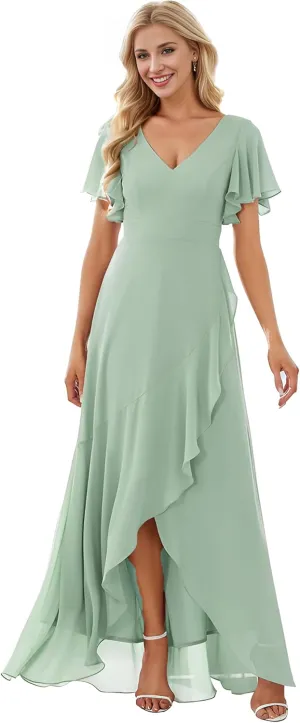 Ever-Pretty Women's Double V Neck A Line Ruffle Hem Backless High Low Chiffon Bridesmaid Dresses 01749