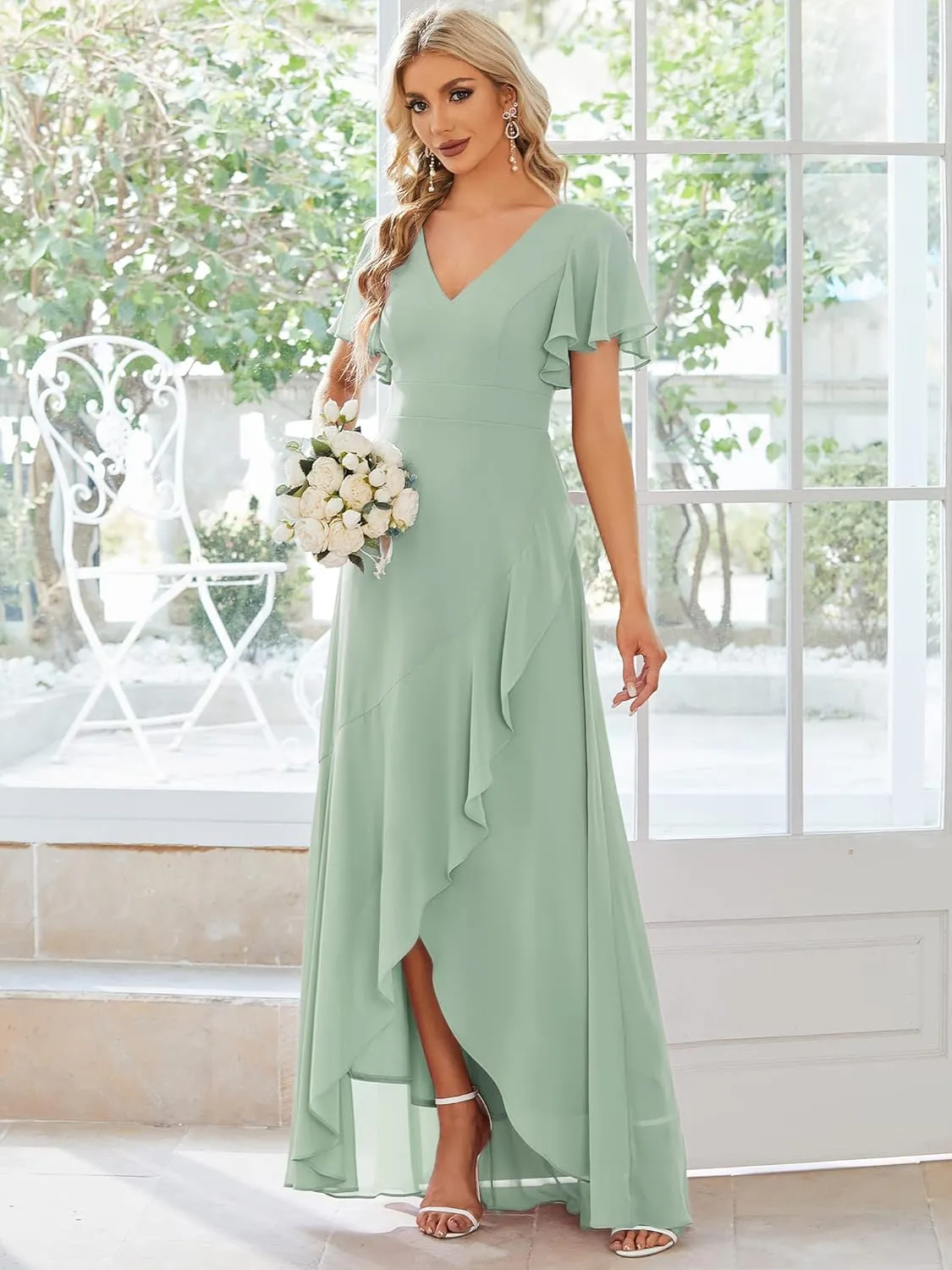 Ever-Pretty Women's Double V Neck A Line Ruffle Hem Backless High Low Chiffon Bridesmaid Dresses 01749