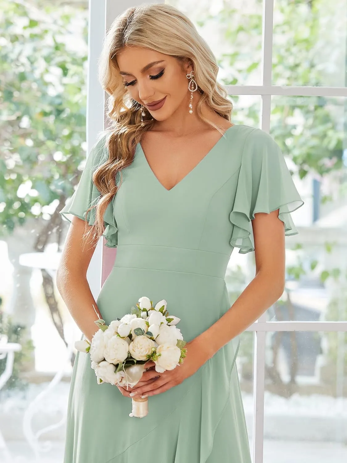Ever-Pretty Women's Double V Neck A Line Ruffle Hem Backless High Low Chiffon Bridesmaid Dresses 01749
