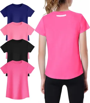 EXARUS 4 Pack Girls Athletic Shirts Quick Dry Short Sleeve Tshirts Crewneck Tee Workout Activewear Tops for Kids 8-16Y