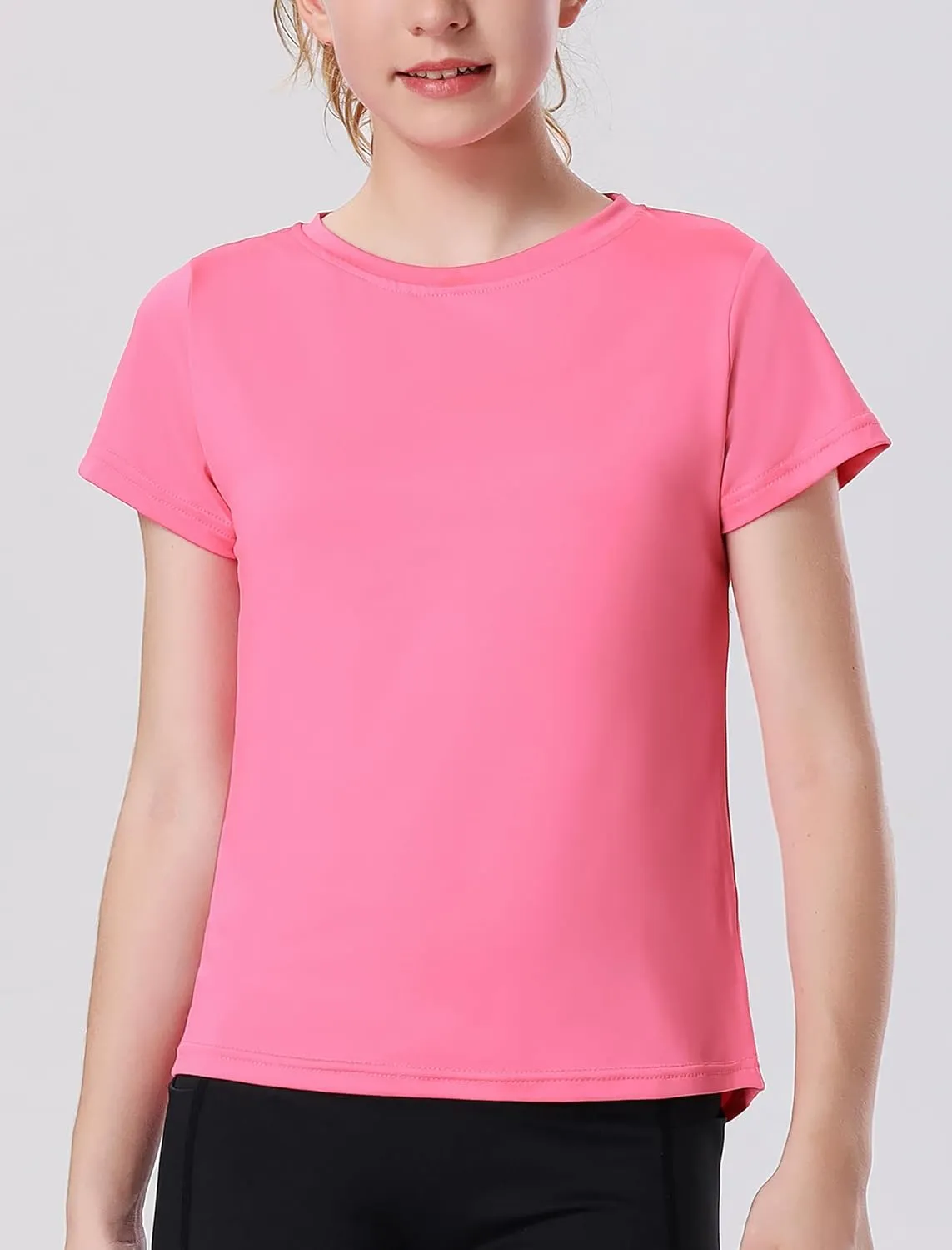 EXARUS 4 Pack Girls Athletic Shirts Quick Dry Short Sleeve Tshirts Crewneck Tee Workout Activewear Tops for Kids 8-16Y