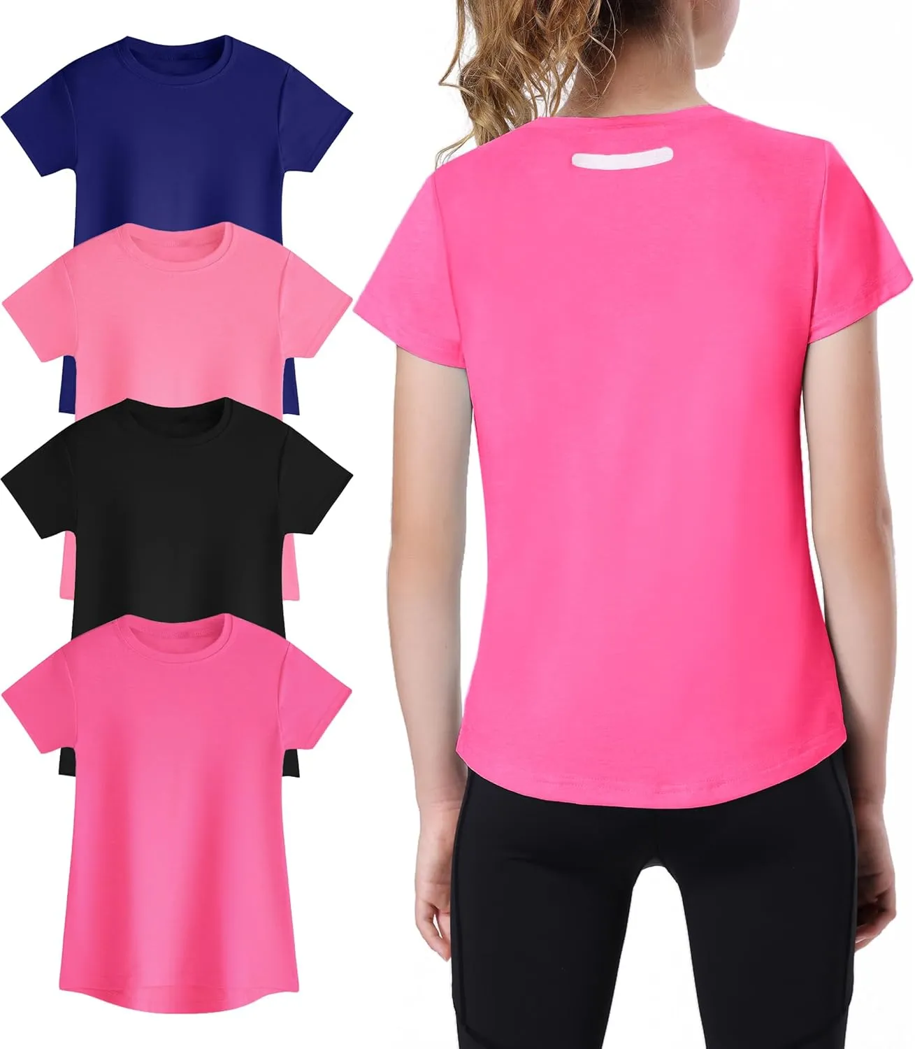 EXARUS 4 Pack Girls Athletic Shirts Quick Dry Short Sleeve Tshirts Crewneck Tee Workout Activewear Tops for Kids 8-16Y