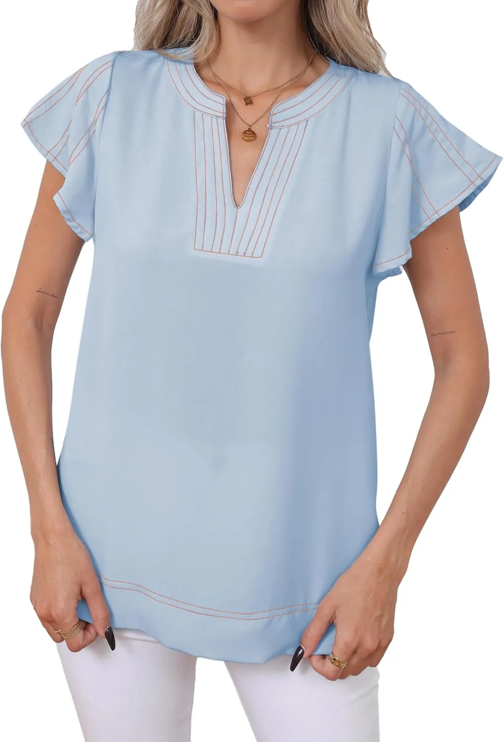 Famulily Womens Cute Flutter Cap Sleeve Notched V Neck Blouse Top Contrast Color Stitched Line Side Split Hem Tee Shirt