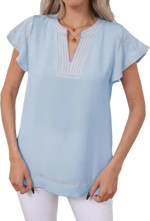 Famulily Womens Cute Flutter Cap Sleeve Notched V Neck Blouse Top Contrast Color Stitched Line Side Split Hem Tee Shirt