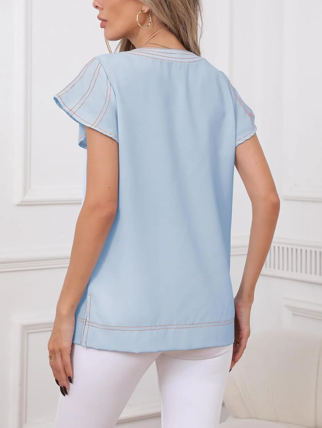 Famulily Womens Cute Flutter Cap Sleeve Notched V Neck Blouse Top Contrast Color Stitched Line Side Split Hem Tee Shirt