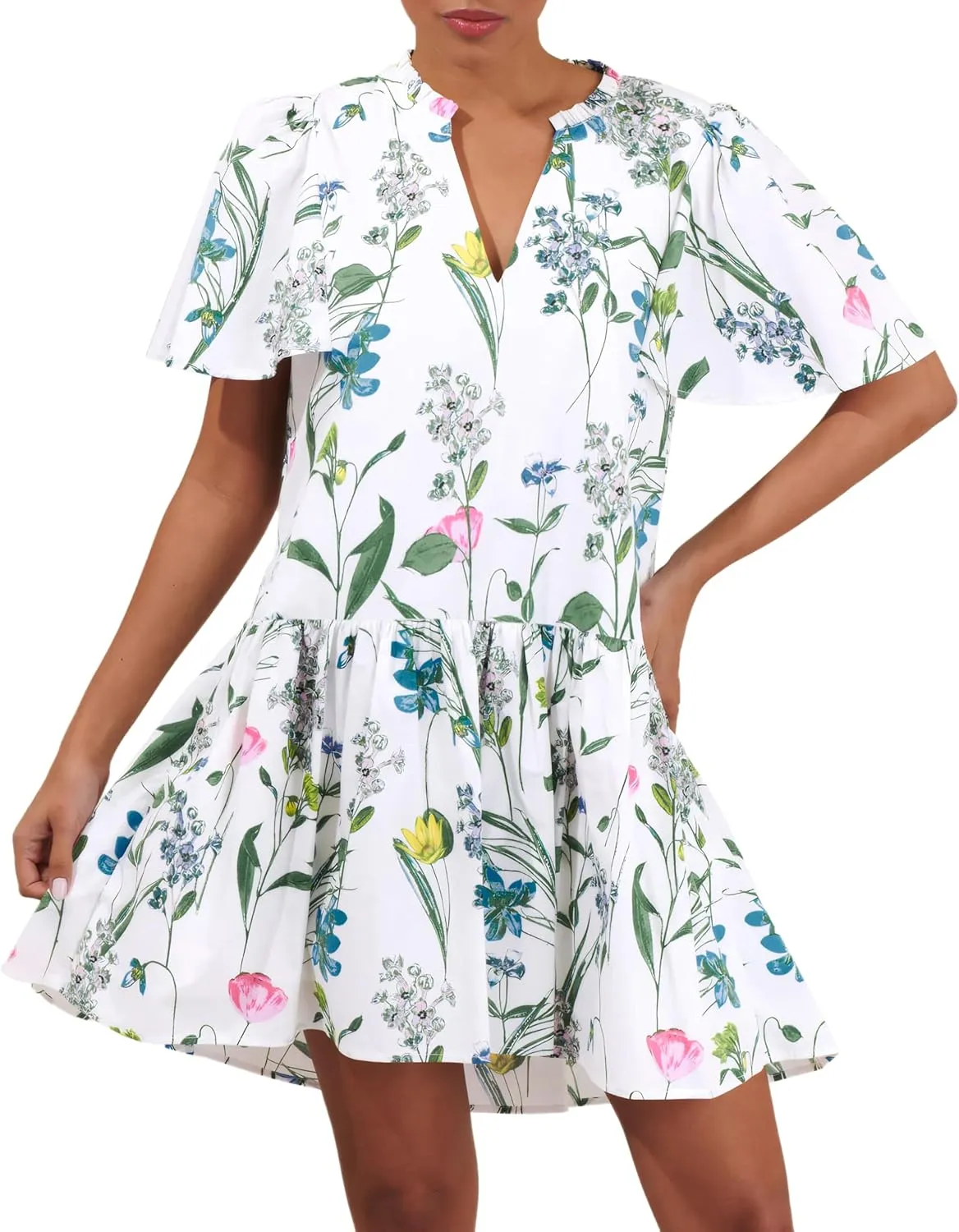 FANDEE Casual Women Summer Sun Dress Loose Above The Knee V Neck Short Sleeve Floral and Geometric Dresses for Vacation