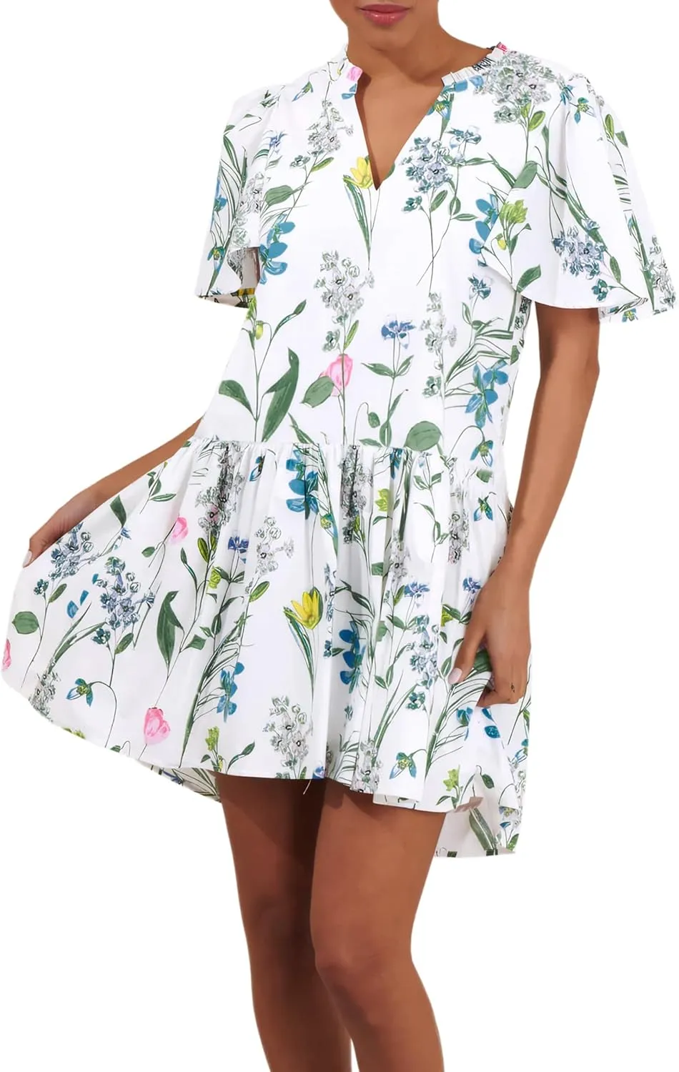 FANDEE Casual Women Summer Sun Dress Loose Above The Knee V Neck Short Sleeve Floral and Geometric Dresses for Vacation