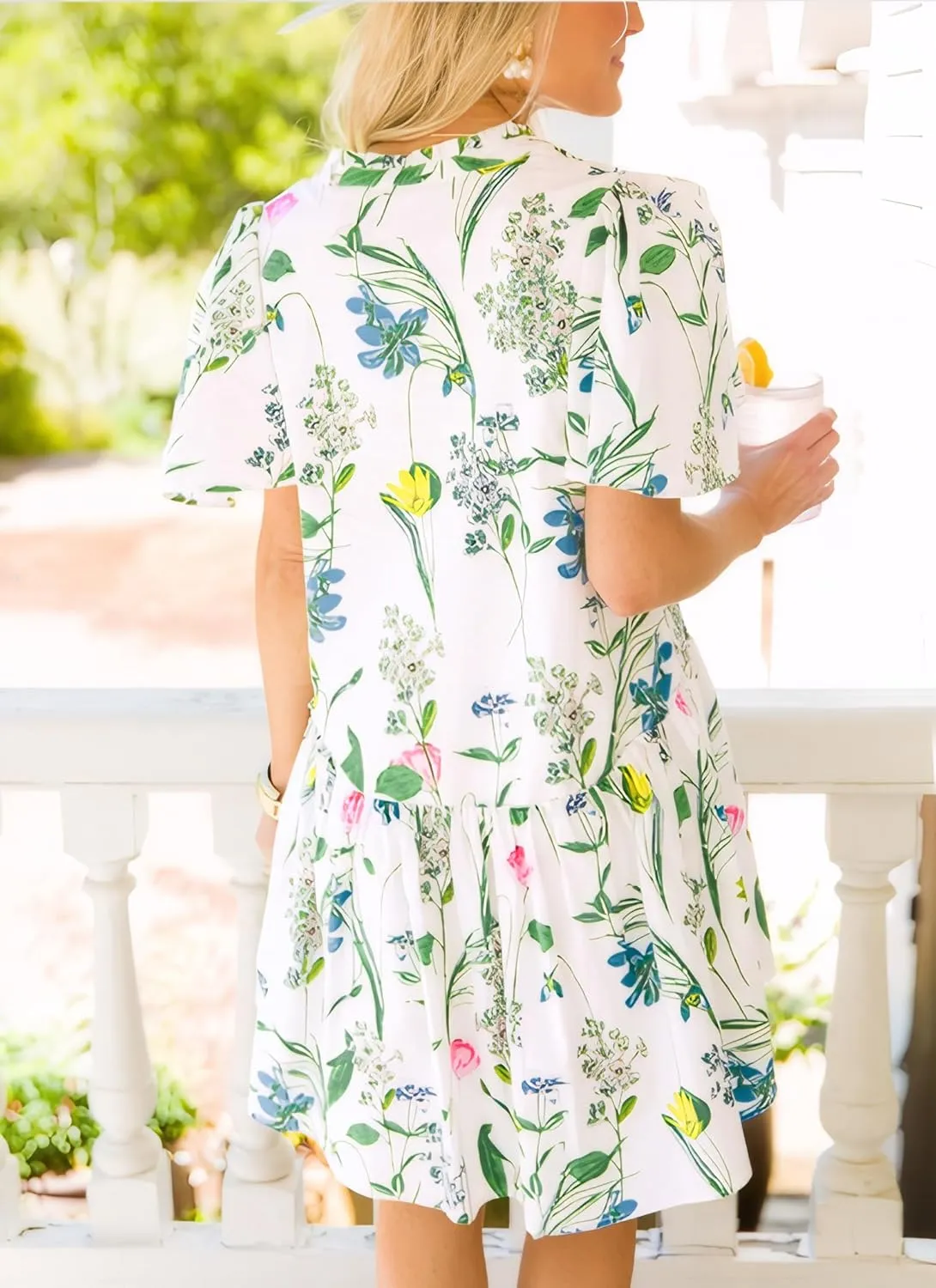 FANDEE Casual Women Summer Sun Dress Loose Above The Knee V Neck Short Sleeve Floral and Geometric Dresses for Vacation