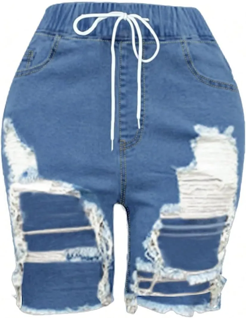 fanmpghleoo Shorts for Women Drawstring High Waisted Ripped Jean Shorts Trendy Raw Hem Jeans Lounge Baggy Jorts with Pockets