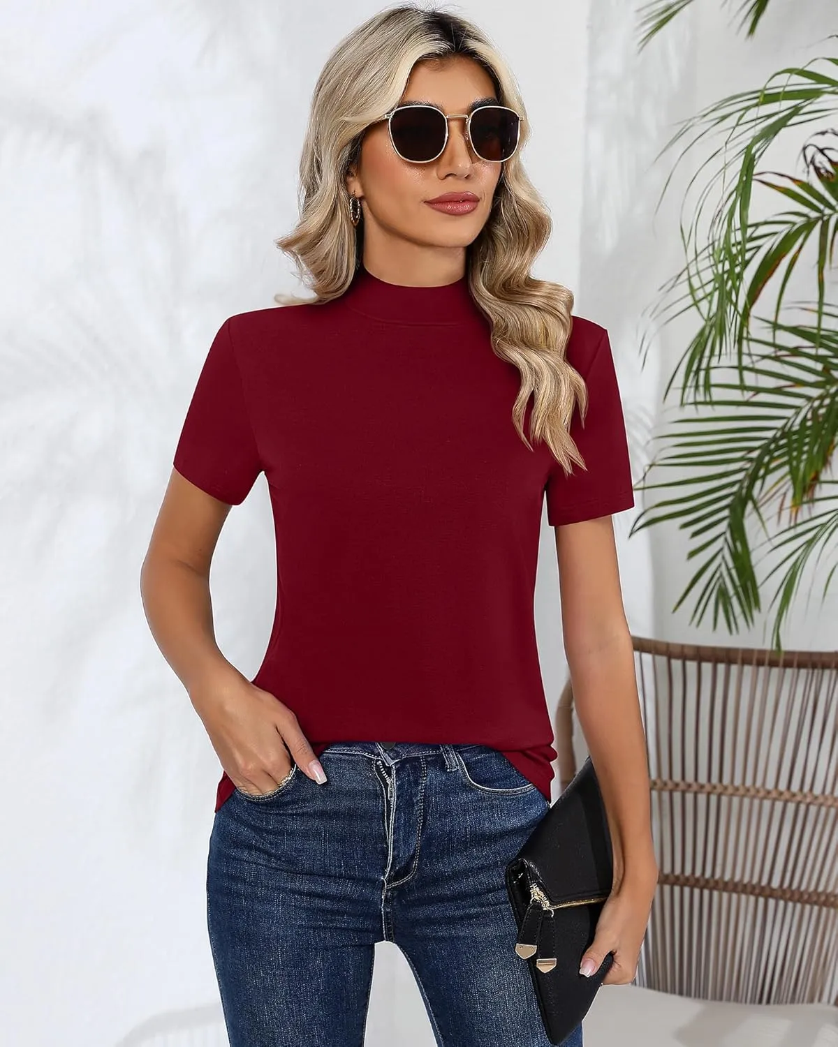 Ficerd 3 Pack Women's Mock Neck Shirts, Short Sleeve Turtleneck Tops Casual Comfy T Shirts Stretch Fitting Trendy Tee Blouse