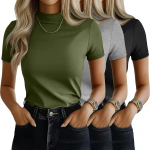 Ficerd 3 Pack Women's Mock Neck Shirts, Short Sleeve Turtleneck Tops Casual Comfy T Shirts Stretch Fitting Trendy Tee Blouse