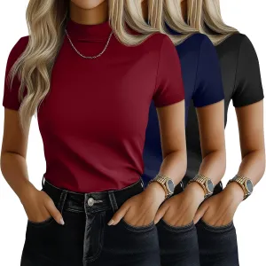 Ficerd 3 Pack Women's Mock Neck Shirts, Short Sleeve Turtleneck Tops Casual Comfy T Shirts Stretch Fitting Trendy Tee Blouse