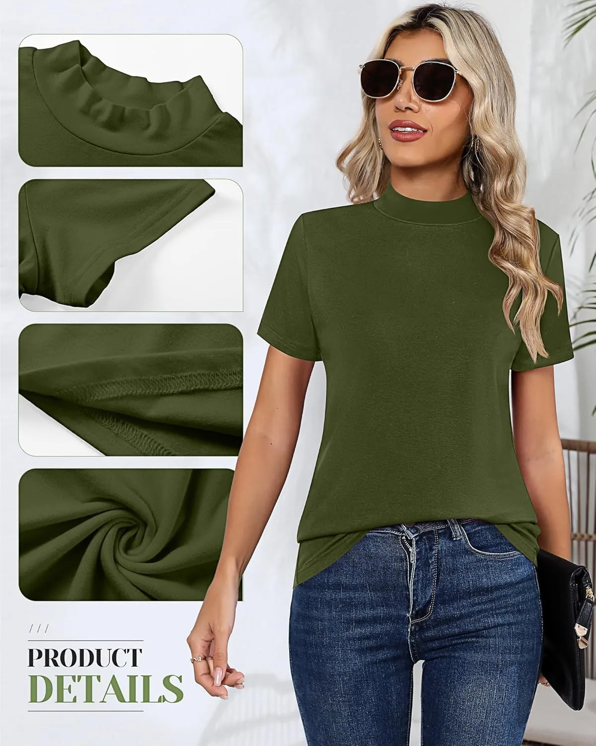 Ficerd 3 Pack Women's Mock Neck Shirts, Short Sleeve Turtleneck Tops Casual Comfy T Shirts Stretch Fitting Trendy Tee Blouse
