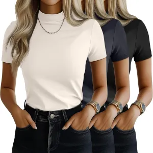 Ficerd 3 Pack Women's Mock Neck Shirts, Short Sleeve Turtleneck Tops Casual Comfy T Shirts Stretch Fitting Trendy Tee Blouse