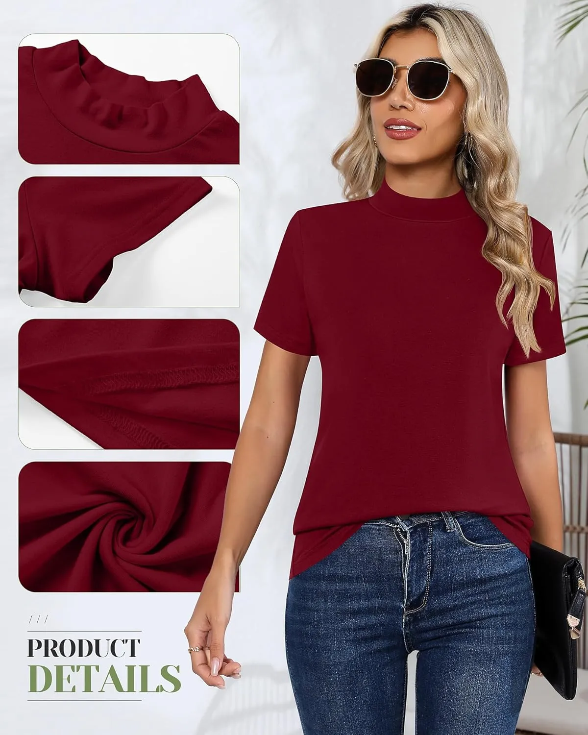 Ficerd 3 Pack Women's Mock Neck Shirts, Short Sleeve Turtleneck Tops Casual Comfy T Shirts Stretch Fitting Trendy Tee Blouse