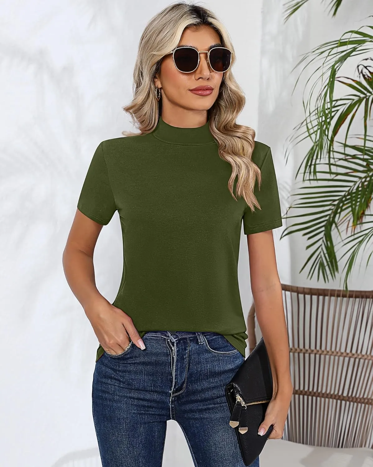 Ficerd 3 Pack Women's Mock Neck Shirts, Short Sleeve Turtleneck Tops Casual Comfy T Shirts Stretch Fitting Trendy Tee Blouse