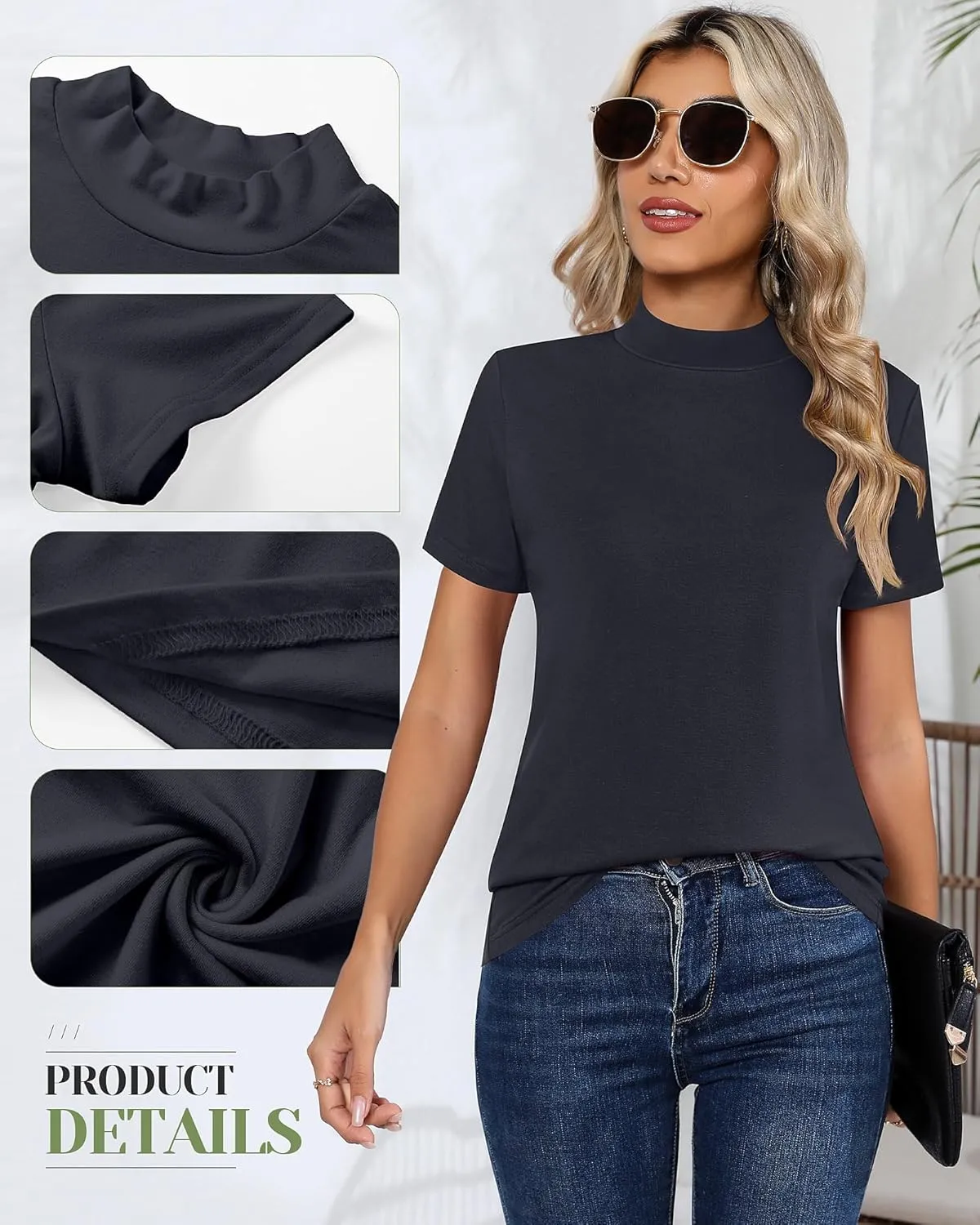 Ficerd 3 Pack Women's Mock Neck Shirts, Short Sleeve Turtleneck Tops Casual Comfy T Shirts Stretch Fitting Trendy Tee Blouse