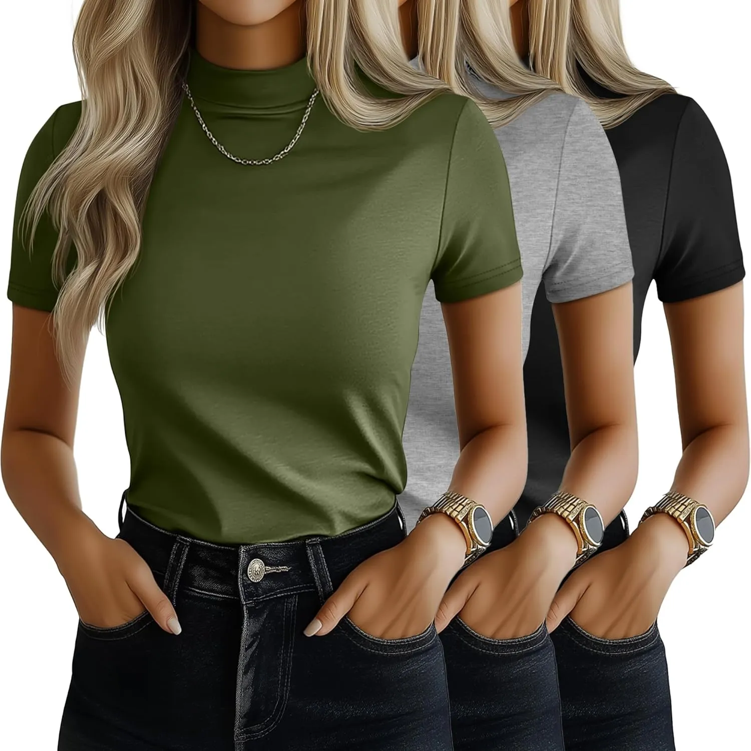 Ficerd 3 Pack Women's Mock Neck Shirts, Short Sleeve Turtleneck Tops Casual Comfy T Shirts Stretch Fitting Trendy Tee Blouse