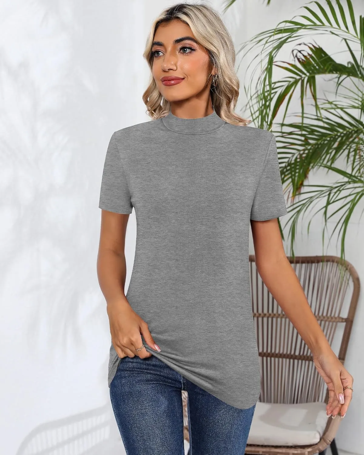 Ficerd 3 Pack Women's Mock Neck Shirts, Short Sleeve Turtleneck Tops Casual Comfy T Shirts Stretch Fitting Trendy Tee Blouse