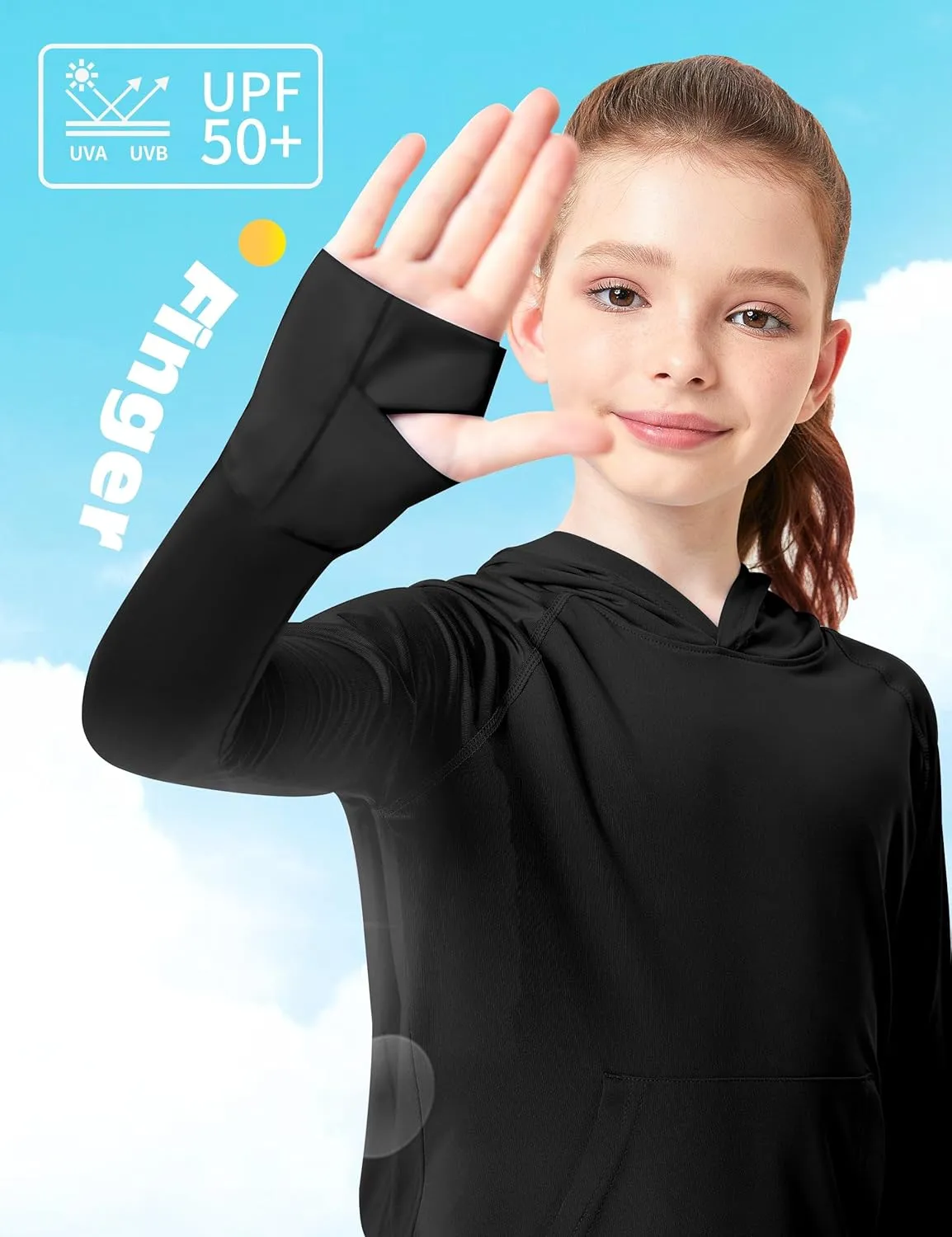 FitsT4 Sports Kids UPF50  Sun Shirt with Pockets Thumbholes Girls Lightweight Quick Dry UV Protection Long Sleeve Hoodie