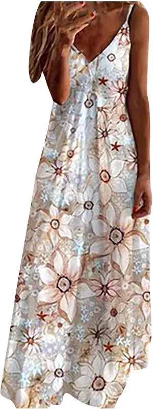 Flash Deals Today Women's Summer Spaghetti Strap Elegant Long Dresses Plus Size Vacation Flowy Beach Dress Loose Floor Length Dress Dresses for Women 2024 White XL