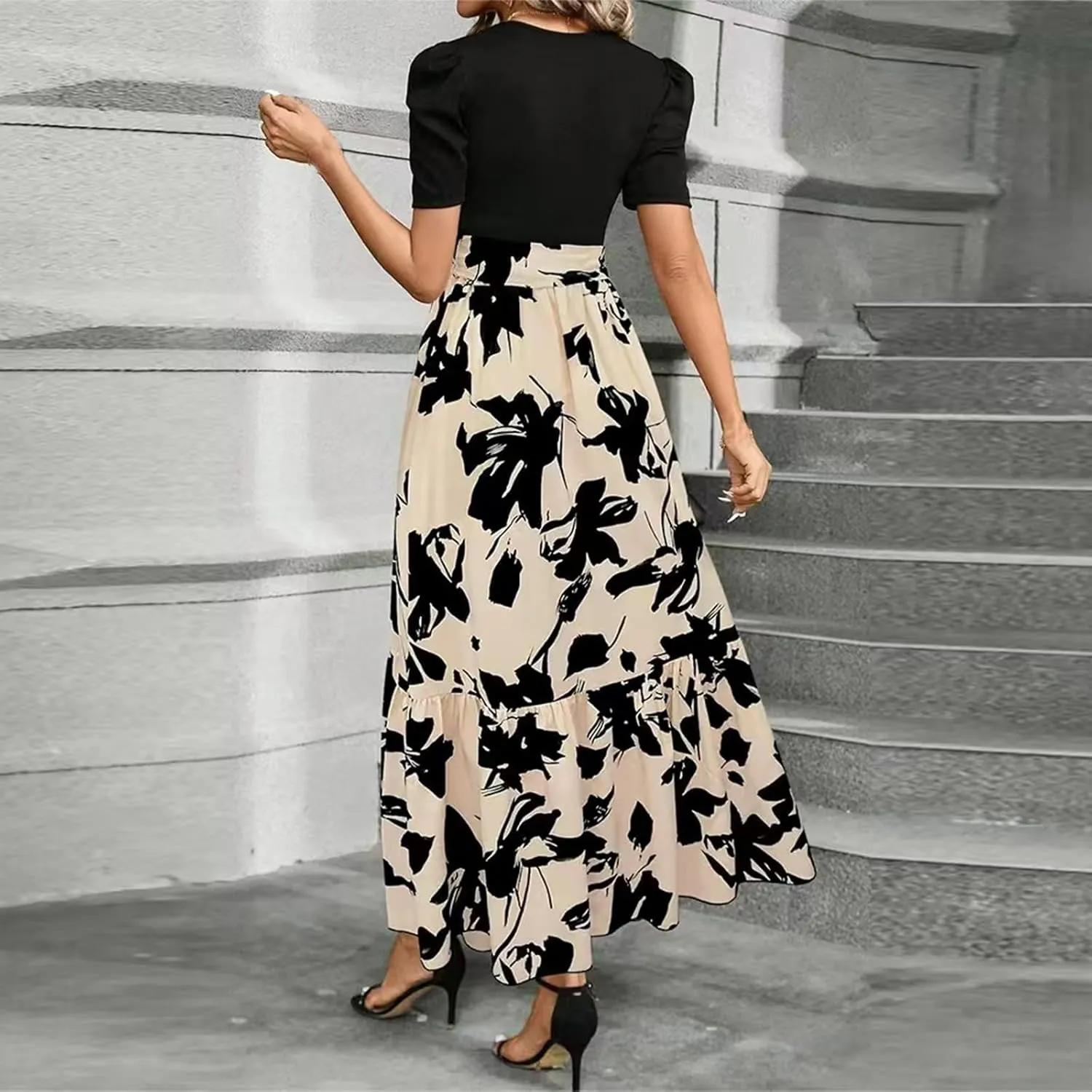 FlekmanArt Dresses for Women 2025 Elegant Boho Tie Belted Patchwork Empire Waist Short Sleeve Modest Crewneck Maxi Dress